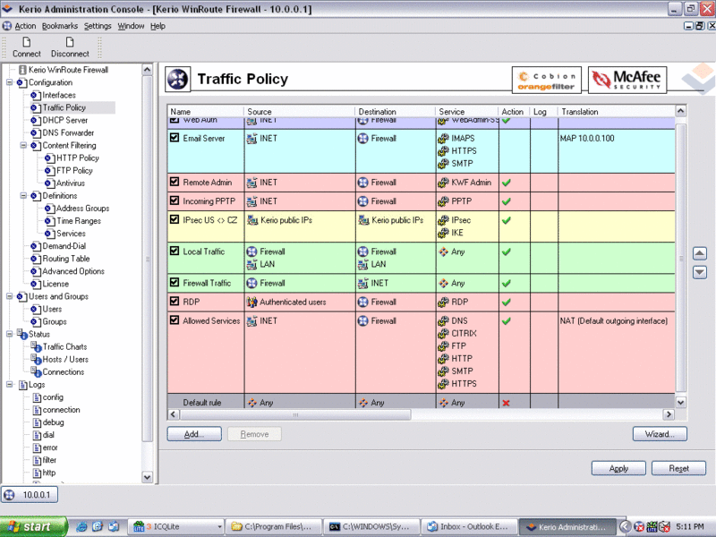 Kerio WinRoute Firewall with integrated McAfee Screenshot